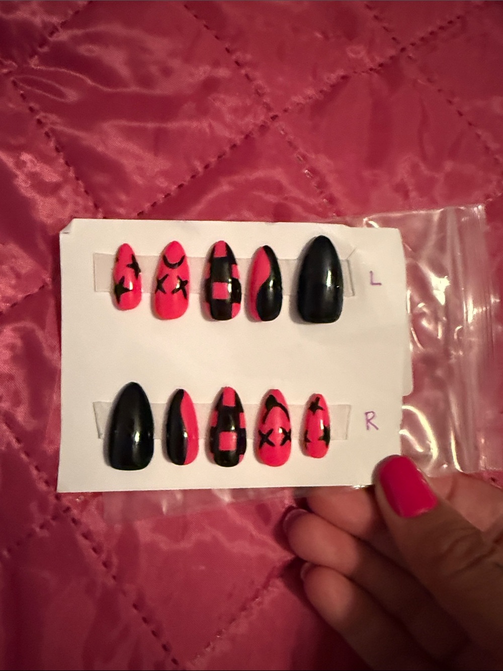 Neon Pink and Black Press-On Nail Set